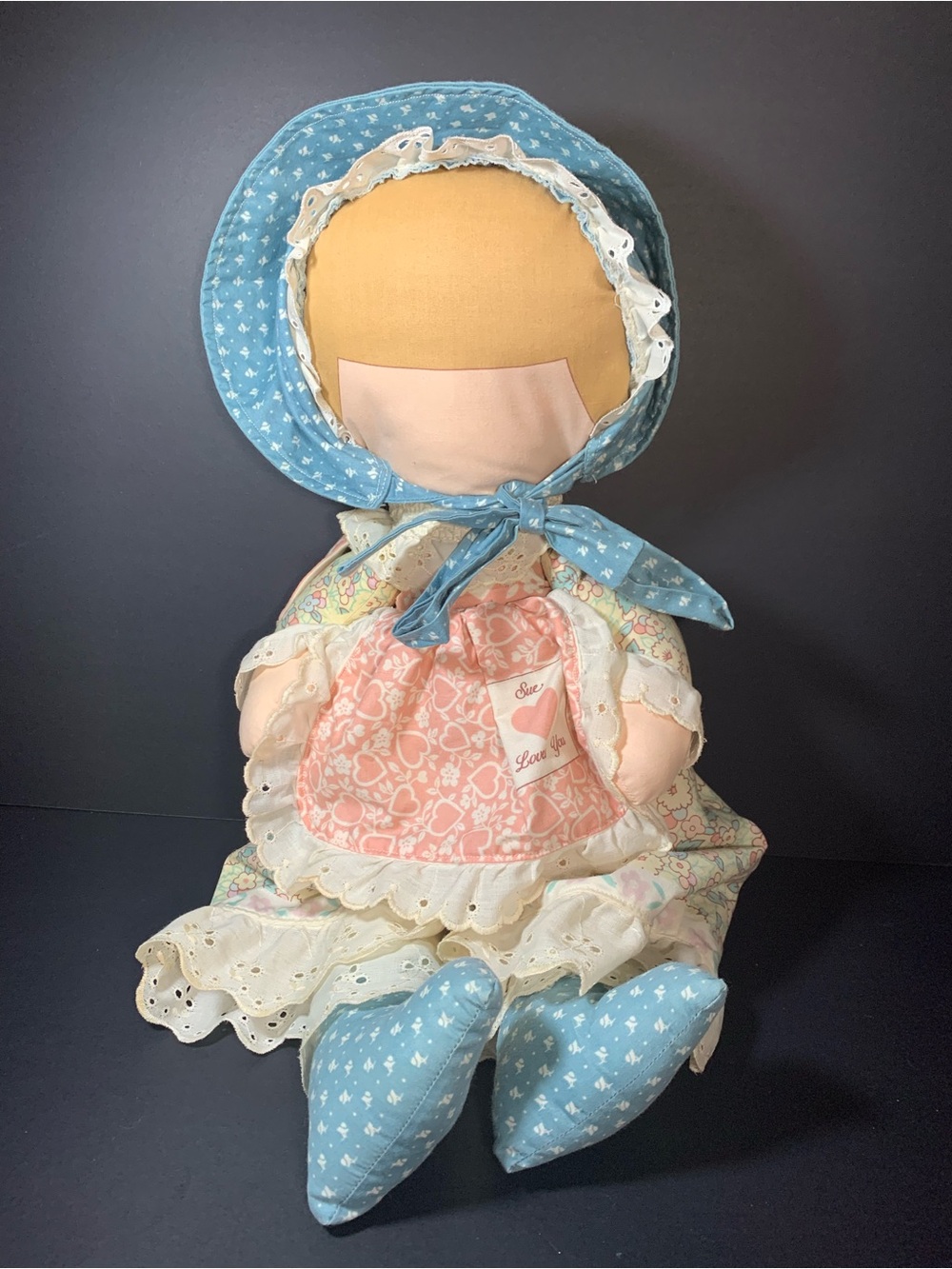 Handmade Sunbonnet Sue Large 18" Plush Doll Sue Loves You Fabric Faceless